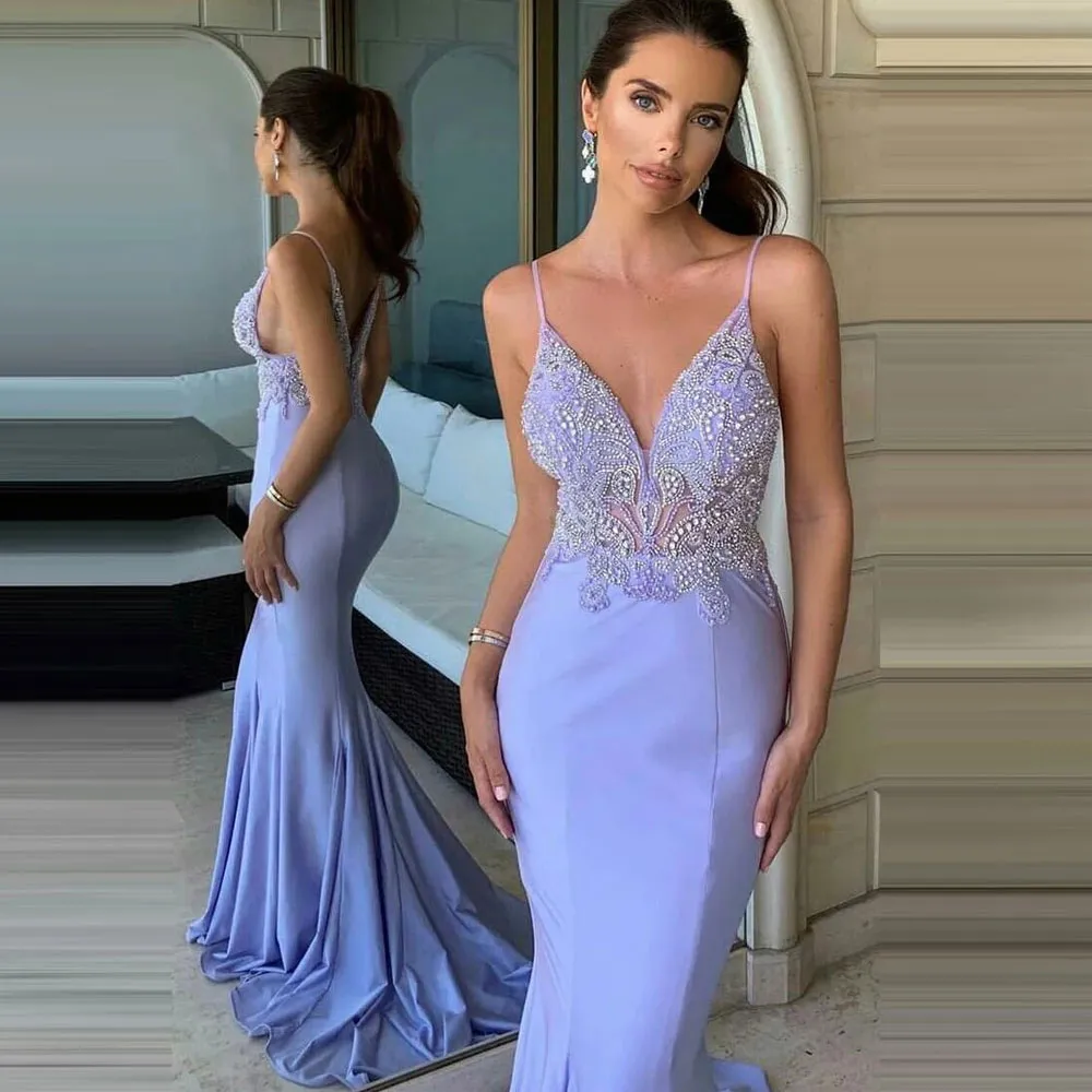 Purple русалка Sparkling Promply Prompless Princess без рукавов спагетти ремни v Appliques Seedques Кружевые платья для вечеринки на пол моды плюс