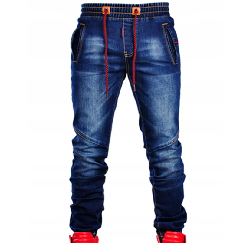 Calças de brim masculinas calças de tamanho grande elástico cintura gravata magro casual clássico azul cintura estiramento joinable moda simples jeans calças 220827