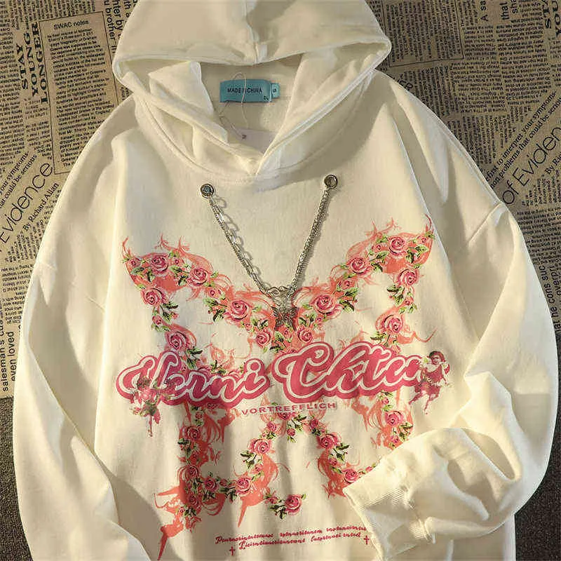 Women's Hoodies Sweatshirts 2022 Autumn Retro Rose Butterfly Necklace Hoodies Kawaii Y2K Clothes Loose Casual White Gray Pullover