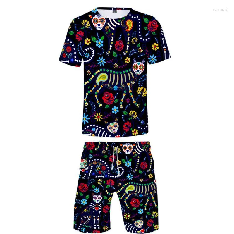 Men's Tracksuits Summer Men's Sets Day Of The Dead Sugar Skull 3D Print Short Sleeve T-shirt And Beach Shorts Two Piece 217d