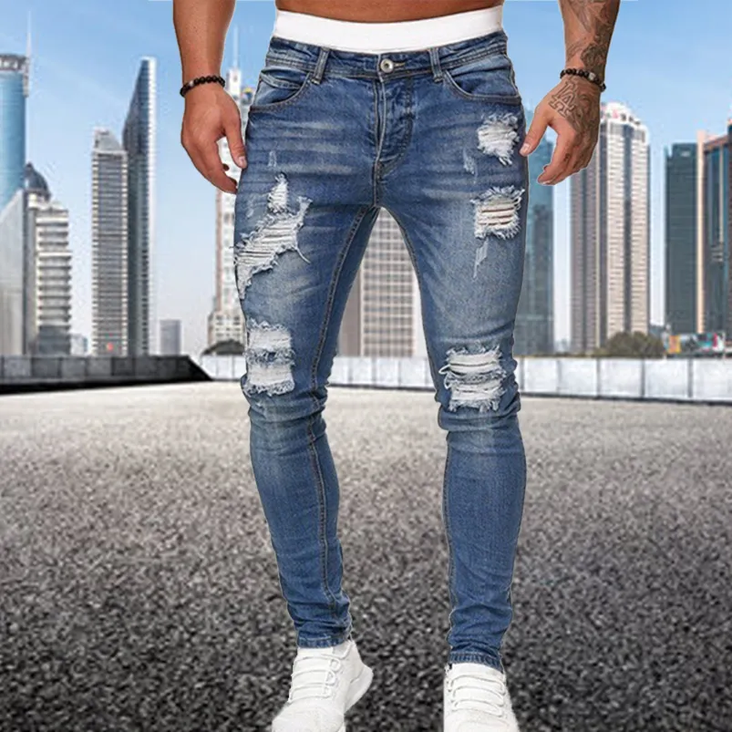 Erkek kot moda sokak tarzı yırtık skinny jeans erkekler vintage yıkama katı denim pantolon erkekler rahat ince fit kalem denim pantolon 220827