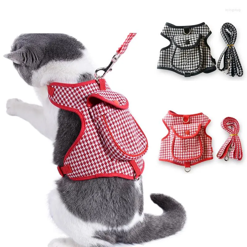 Hundhalsar Houndstooth Liten ryggsäck med fickfackning Set utomhus Pet Collar Walking Puppies Cats Carrier Bags Red Black S XL