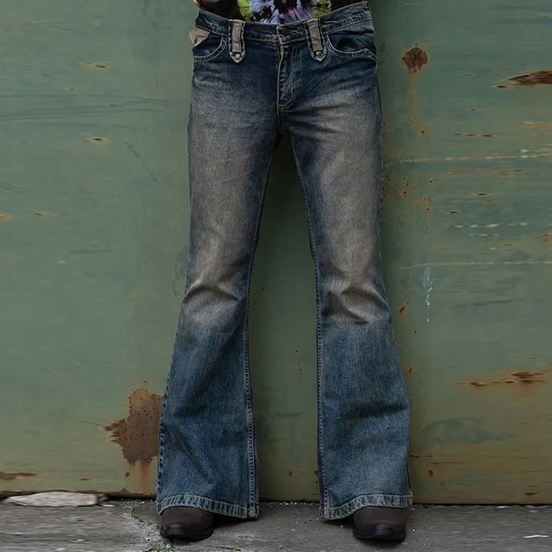 メンズジーンズの男性フレアバギージーンズブートカットレッグパンツ苦しみパッチワークデザイナーパンクスティラボトムデニムズボン220827