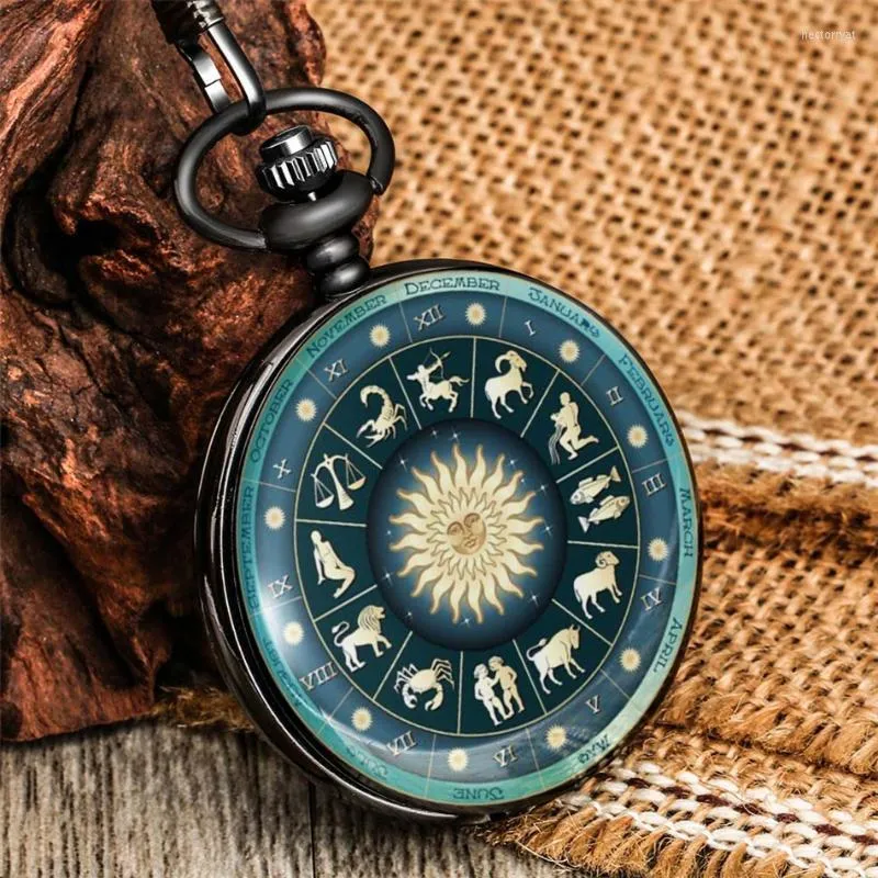Pocket Watches Vintage Zodiac Printed Quartz Watch Arabiska siffror Analog Pendant M￤n Kvinnor FOB -kedja Klockg￥vor