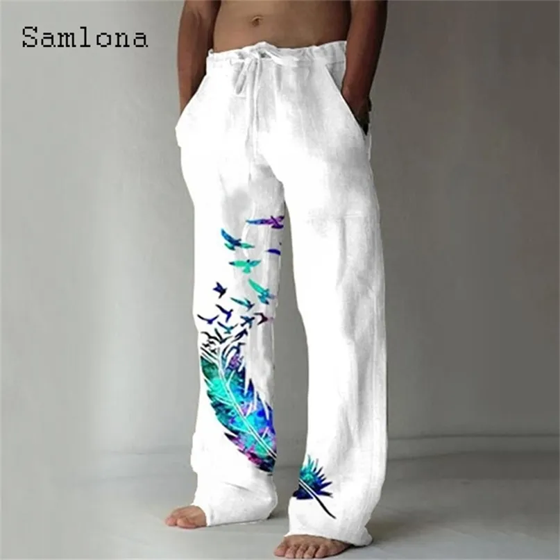 Pantalons pour hommes Samlona Pocket Design Linen Drawstring Loose Pantalon Plus Size 3xl Mens Fashion Birds Feather Print Sweatpants 220827