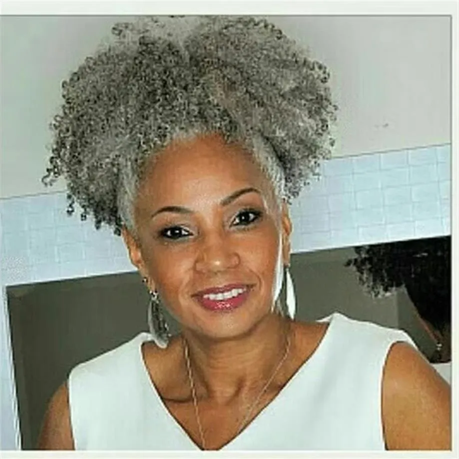 Custom Two Tone Mixed Silver Grey Human Hair Ponytail Hairpiece Clip In Afro Kinky Curly Gray