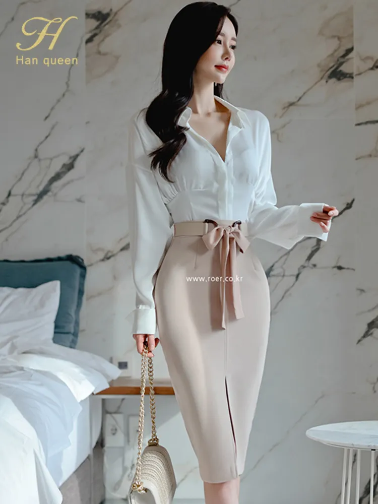 Two Piece Dress H Han Queen Women Spring OL Work Wear Set White