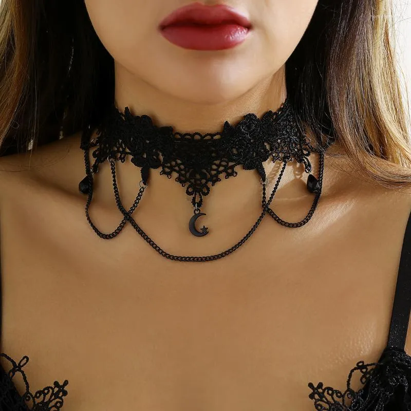 Collares colgantes retro sexy de encaje negro clav￭cula cuello mujeres 2022 personalidad creativa luna estrella collar joyas de moda