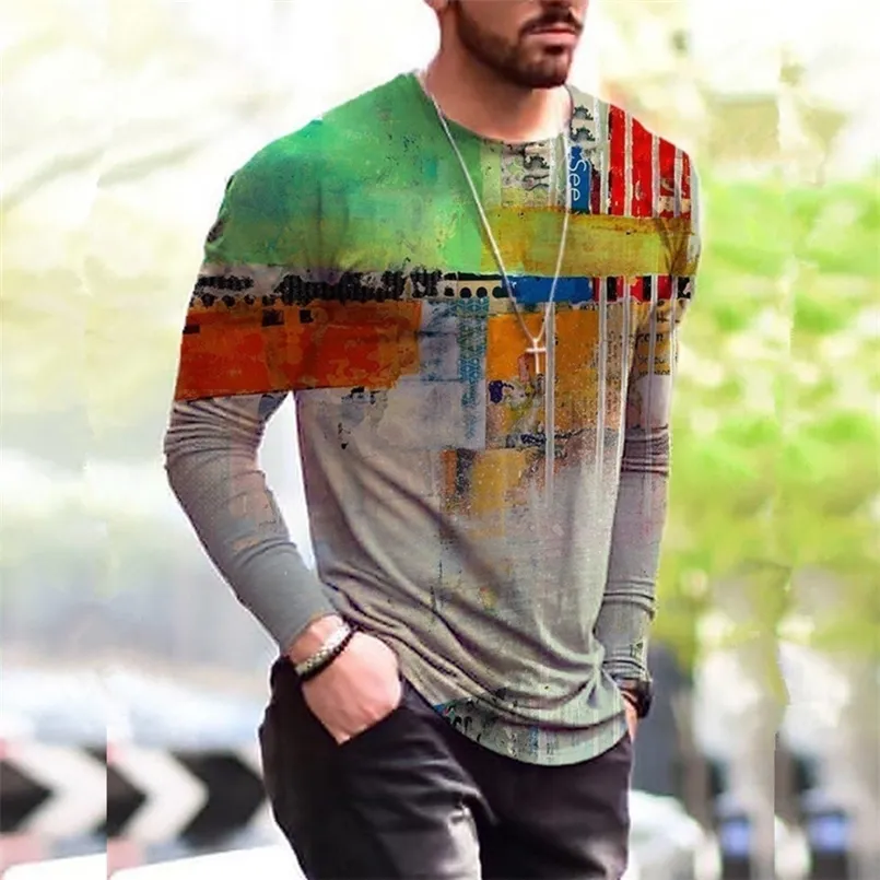 T-shirt da uomo Autunno Uomo Oversize Vintage Manica lunga T Moda Haruku Etnico Stampato O Tee con colletto Playeras Hombre 220920