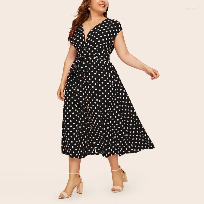 Grande taille robes été femmes robe à pois imprimé fleuri col en V taille haute sans manches ceinture Vintage femme Vestidos 2022