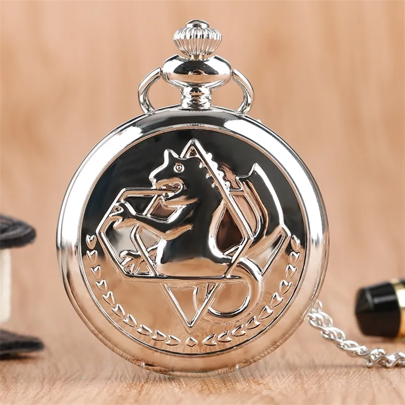 Zegarki kieszonkowe Wysokiej jakości pełny metalowy alchemik Srebrny zegarek wisiorek męski kwarc Japonia Naszyjnik anime Prezent ELOJ de Bolsillo 220826