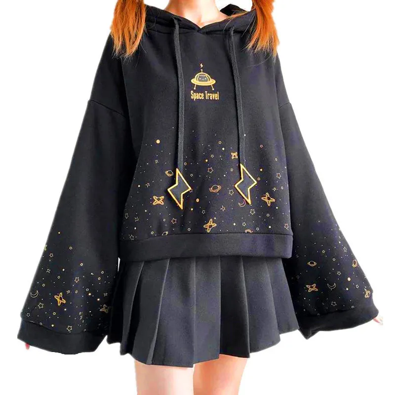 HADEIES للنساء من النوع الثقيل الخريف النساء Kawaii القصير هوديي harajuku flare الأكمام الطويلة STARRY SKY PRINT Lightning Dringshring sweatshirt 220827