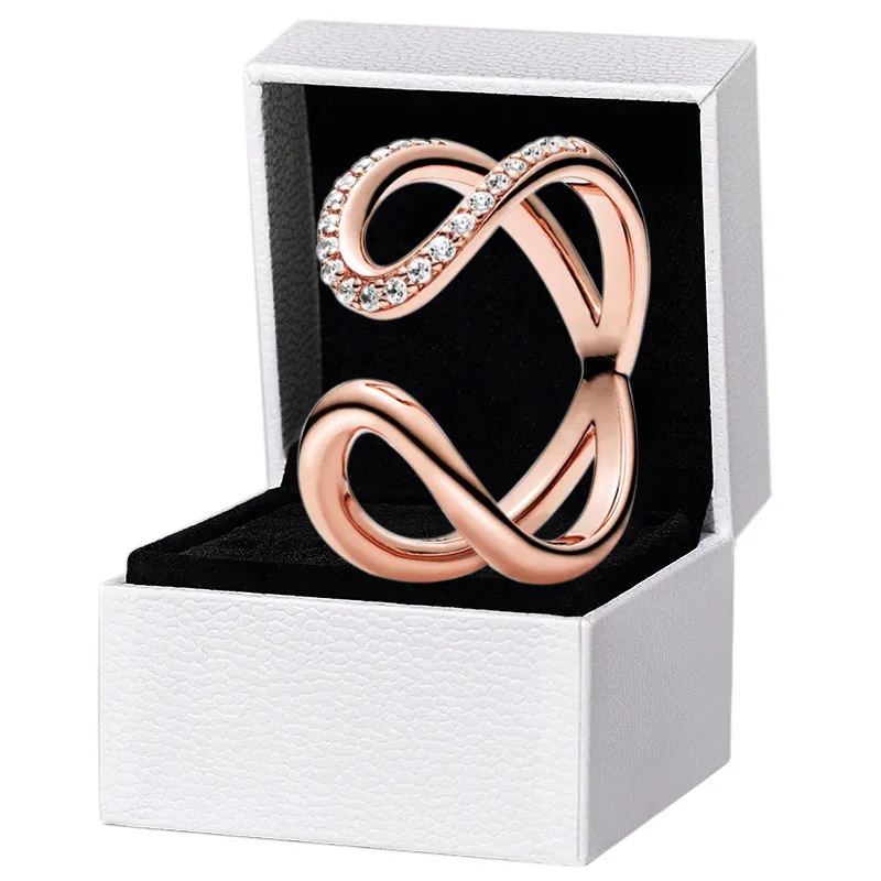 NUOVO Anello infinito aperto avvolto in oro rosa Gioielli da donna per feste di moda per ragazze Scatola originale per anelli in argento 925 reali Pandora