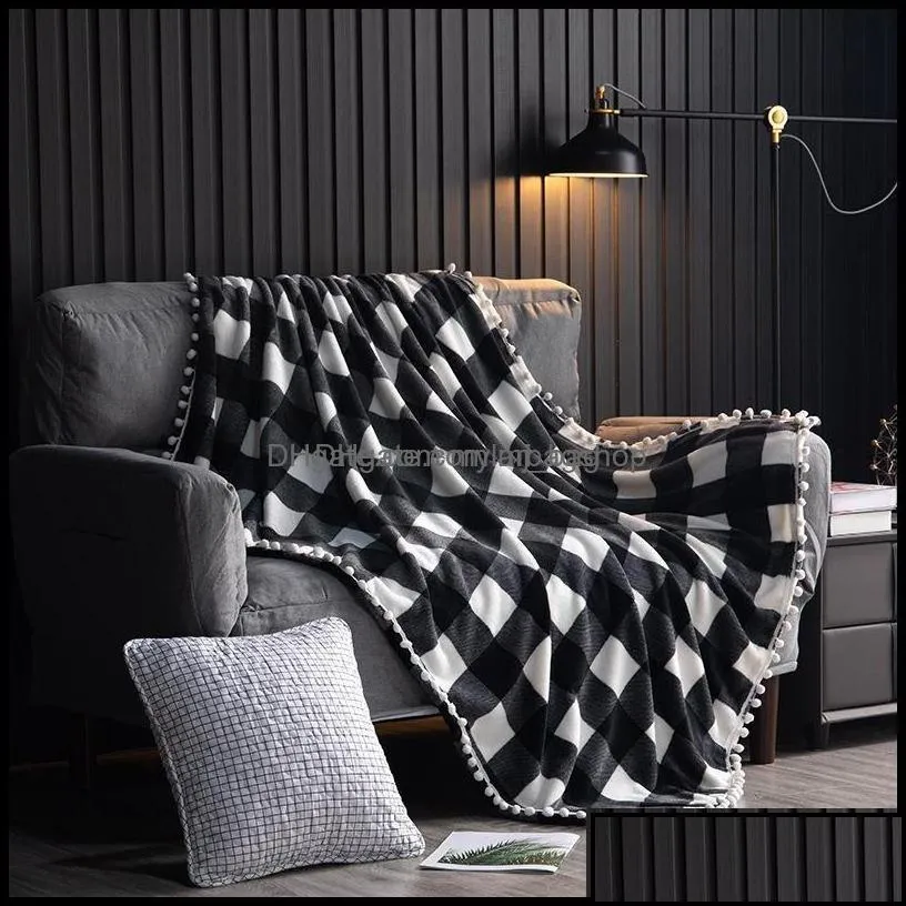 Couvertures Home Textiles Garden Plaid Flannel Throw Blanket Avec Pom Pomsblack White Checkered Soft Peluche Microfibre Pour Canapé Canapé Dro Dhrnm