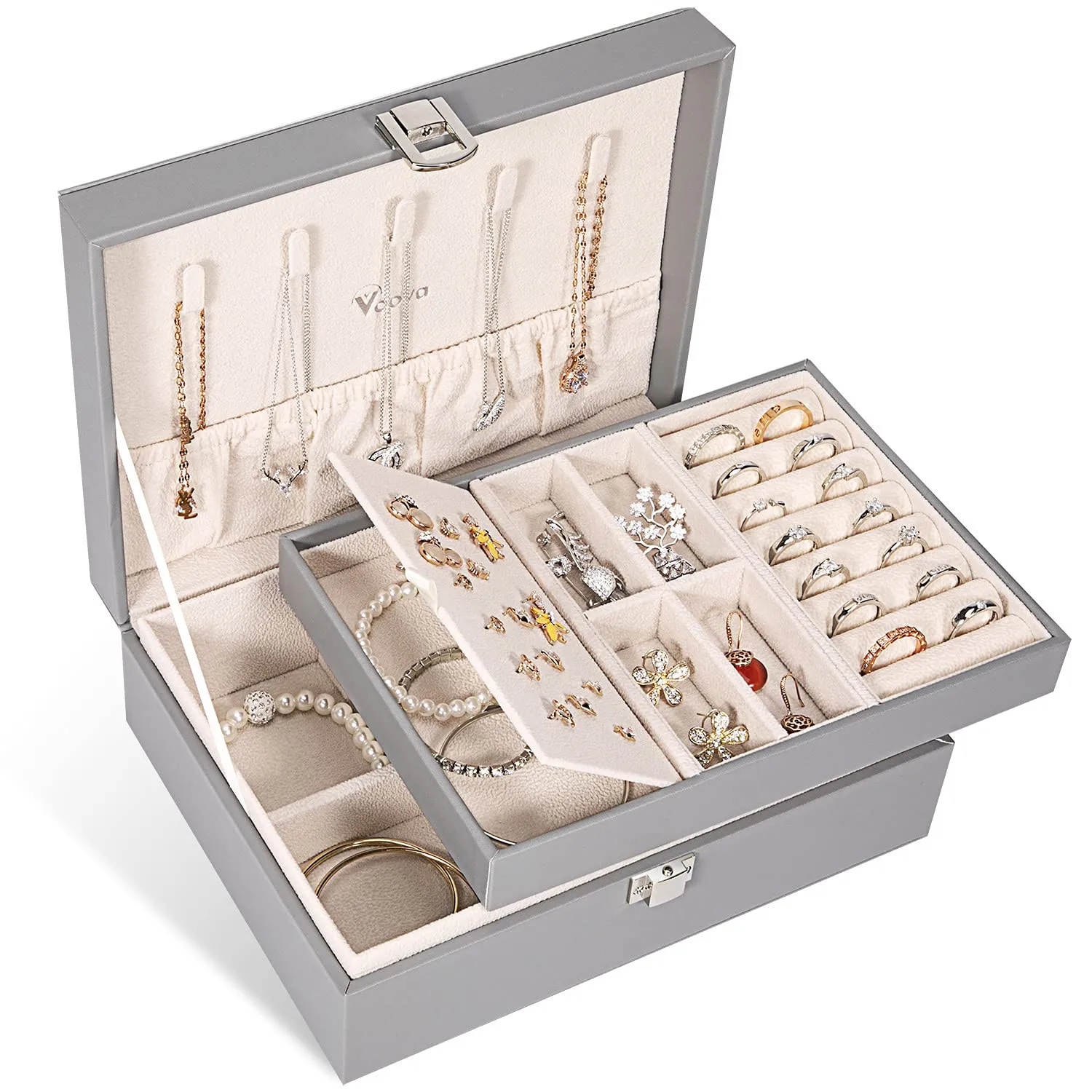 Pudełka z biżuterią Voova Box Organizer dla kobiet dziewczyn 2 warstwy duże męskie etui do przechowywania Pu skórzany wyświetlacz uchwyt na biżuterię z wymiennym T amkUf