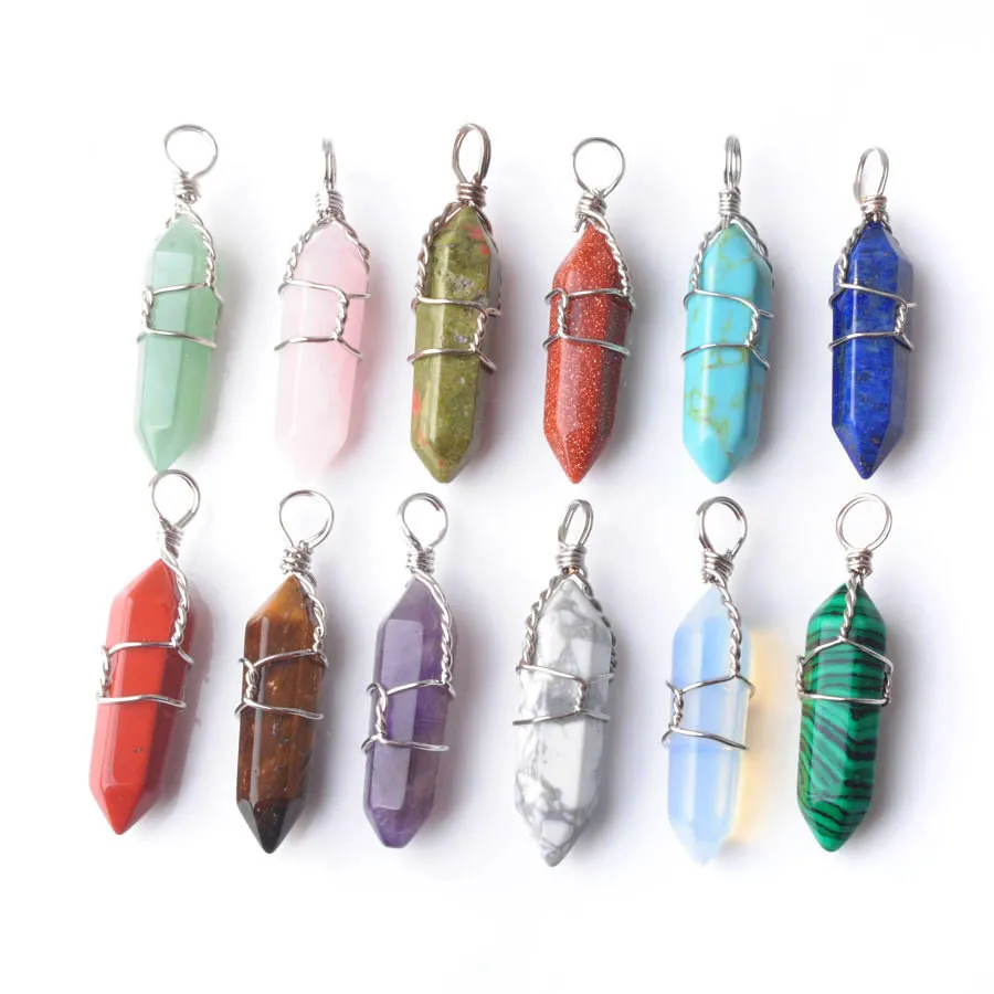 Hexagonal Column Quartz Pendants Fashion Natural Stone Wire Wrap Crystal Bullet For Women Jewelry Accessories 24pc BN306