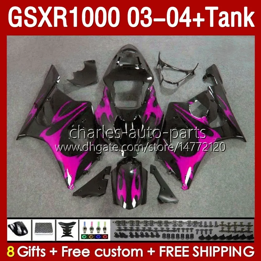 OEM Fairings-kit voor Suzuki GSXR 1000 CC K3 GSXR-1000 2003-04 Carrosserie 147No.205 GSX-R1000 1000cc GSXR1000 03 04 GSX R1000 2003 2004 Instagie Mold Route Pink Flames