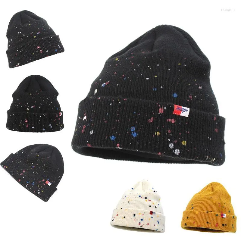 Bérets hommes femmes multicolore éclaboussures peinture chaud chapeau d'hiver doux épais tricot bonnet à revers oreillette basique casquette de crâne