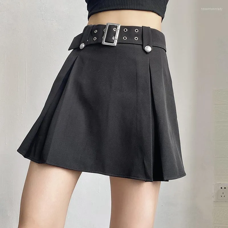 Jupes taille haute Mini jupe femmes été Goth Punk couleur unie lâche rue mode Harajuku ceinture une ligne noir marron