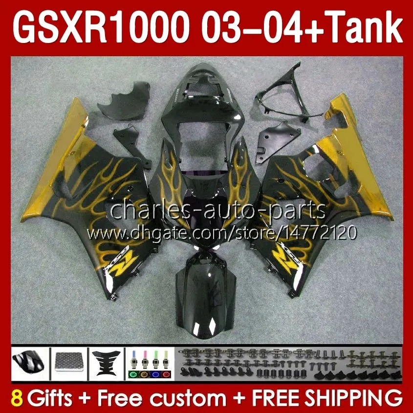 OEM Faitings Kit para Suzuki GSXR 1000 CC K3 GSXR-1000 2003-04 Bodywork 147NO.214 GSX-R1000 1000CC GSXR1000 03 04 GSX R1000 2003 2004 Moldada de injeção Flames dourados