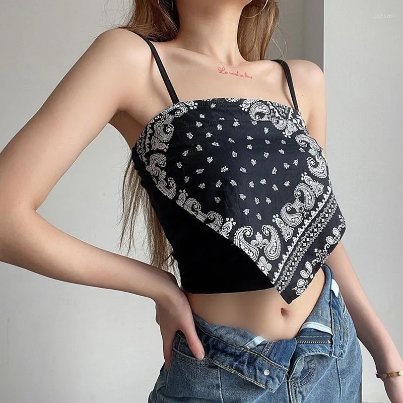 Damen Tanks Frauen Crop Top Paisley Print Spaghettibügel Unregelmäßiger Schal Weste Sexy Nachtclub Party Chic Vintage Tube Camisole