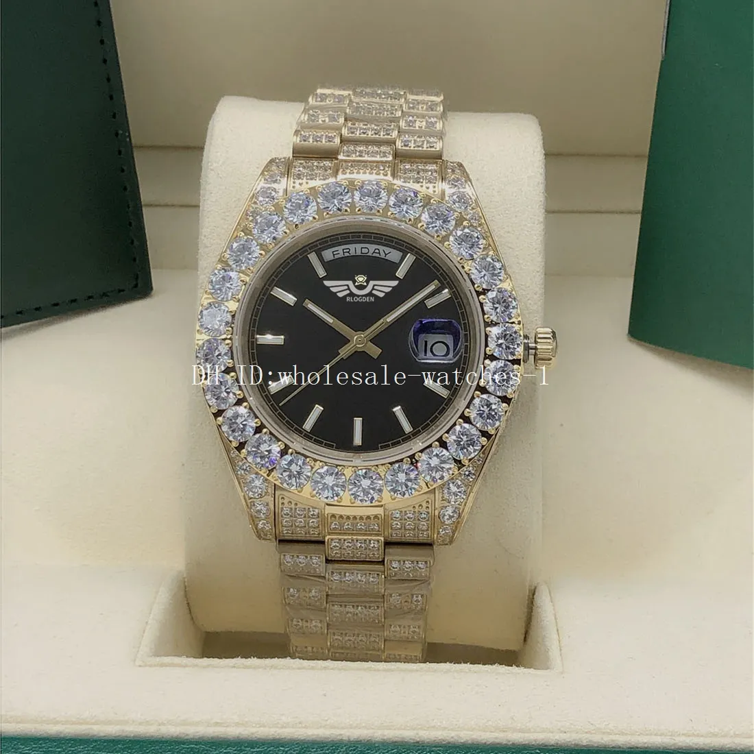 Luxury Watch Diamond Full Diamond Black Dail Presidente 228239 228396 Sapphire Big Diamond Bezel 43mm 18k Gold Men Men Automático Relvo com caixa original