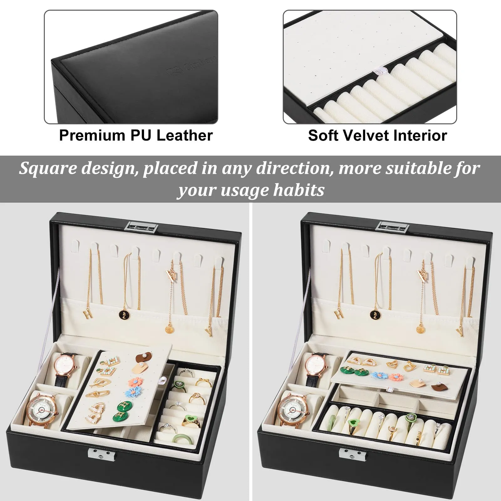 Jewelry Box Organizer Simboom 2 Layer Large PU Leather Storage Case for Women and Men