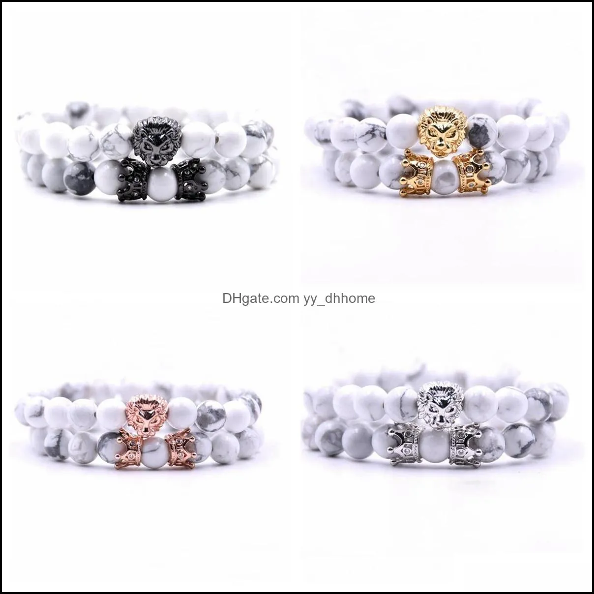 Brins de perles 2 pièces / ensemble animal roi tête de lion howlite bracelet turquoise noir pierre naturelle couronne couple braclet ensembles pour hommes main Dhpdi