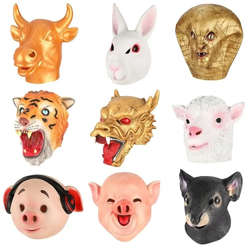 Feestmaskers Zodiac dier kippen paardenhond varken tijger hoofd konijn masker latex kostuum Halloween masker props 220827
