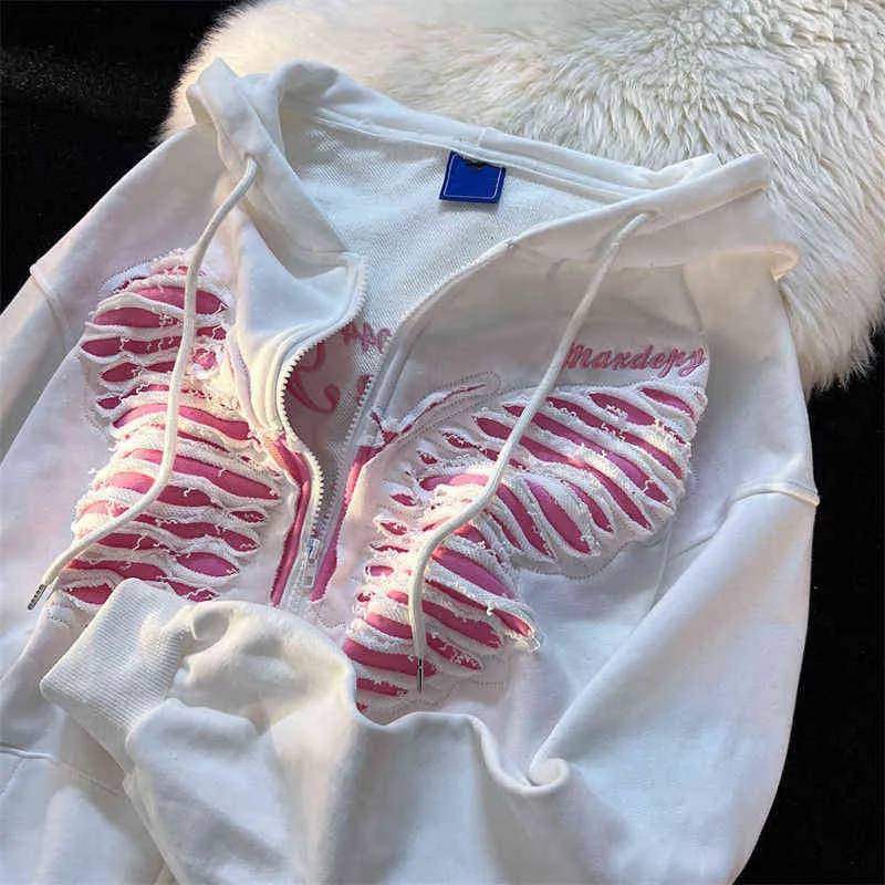Женские толстовка толстовок в дыре бабочки с капюшонами весна и осенью Новая американская тенденция ретро -дизайн вышитый в обычной куртке с повседневным размером
