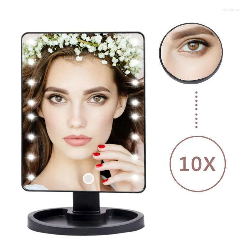 Makeup Brushes Illuminated Mirror Adjustable 10X Magnifier 16/22 LED Lights Touch Screen USB Or Batteries Use Tabletop Bright