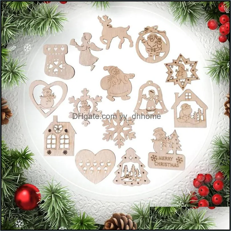 기타 축제 파티 용품 15pcs 수제 나무 크리스마스 장식품 산타 클로스 눈송이 눈사람 천사 모양의 목재 공예 장식 DHIZ3