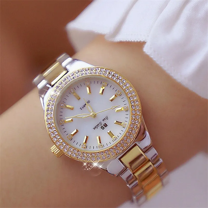 Нарученные часы Женские запястья платье золотые часы женщины хрустальные бриллианты из нержавеющей стали серебряные часы Montre Femme 220826