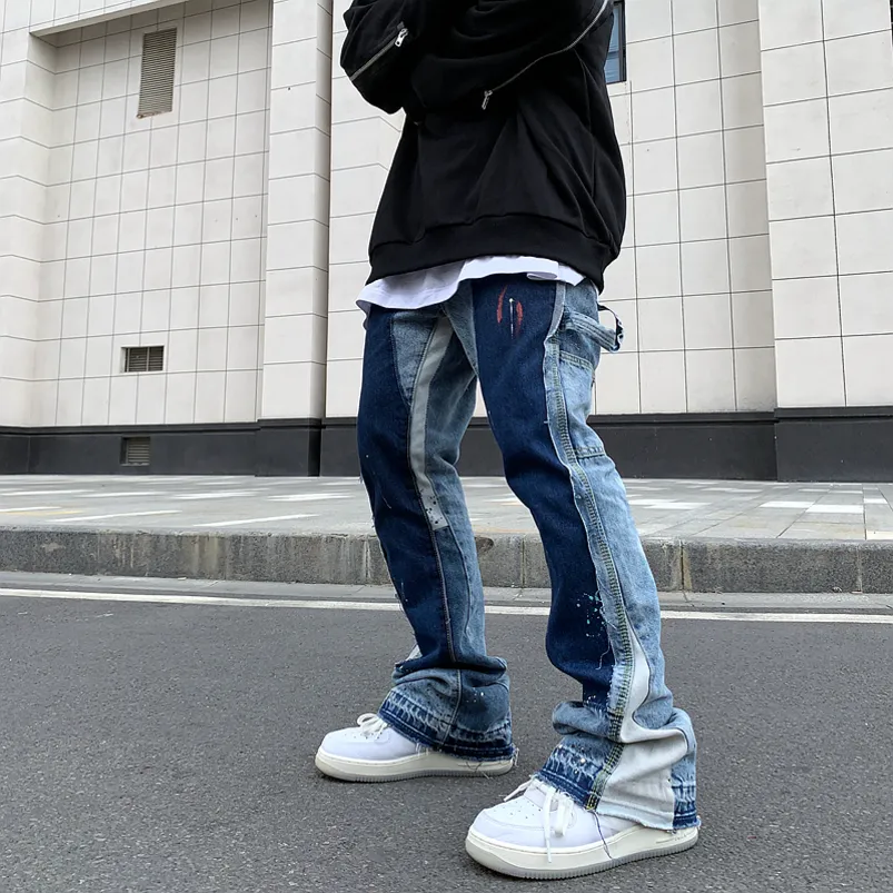 Herr jeans vintage nödställda stänk bläck flare jeans herr streetwear lapptäcke hip hop graffiti tung tvätt blå smal fit denim pants män 220827