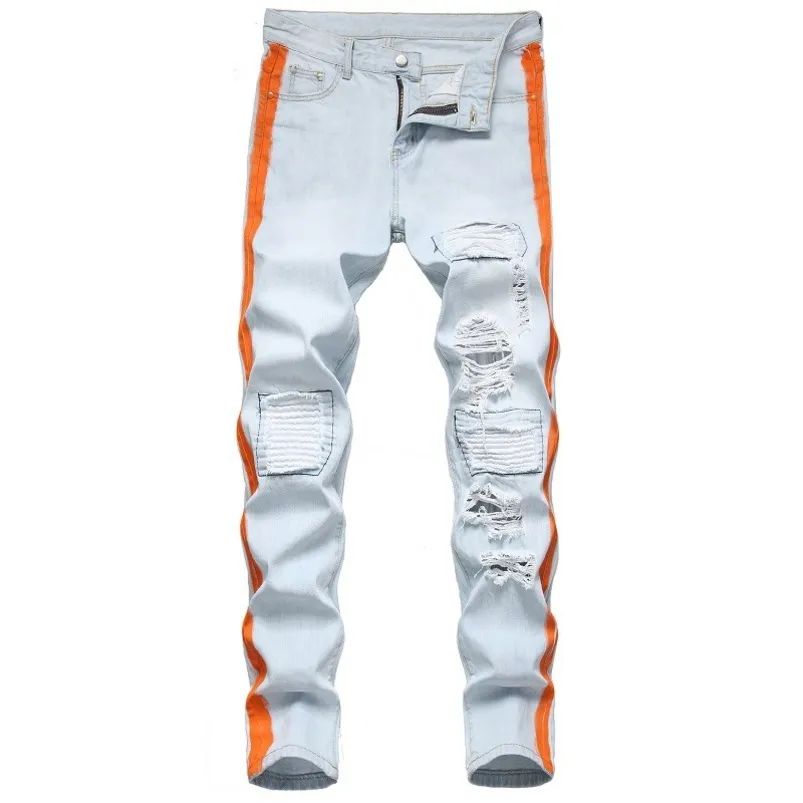 Pantalones vaqueros de moda para hombre, pantalones vaqueros rasgados de algodón para hombre, pantalones vaqueros informales ajustados blancos y negros, pantalones vaqueros informales para hombre, pantalones vaqueros de hip hop 220827