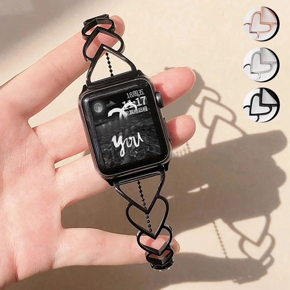 أشرطة سوار من الفولاذ المقاوم للصدأ لـ Apple Watch Ultra 8 7 3 6 5 4 49mm 38 40 42 44 41mm 45mm Girls Strap لـ Iwatch Series Se Metal Heart Band