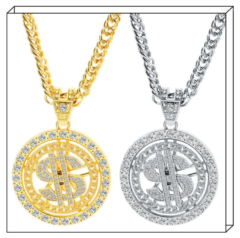 Rotating Rhinestone Dollar Sign Pendant Necklace Hip Hop Jewelry