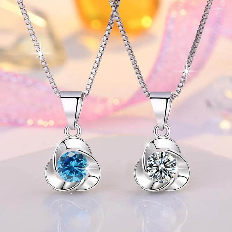 Anhänger Halsketten Blau Weiß Kristall Zirkon Sterling Silber Halskette Für Frauen Schlüsselbein Kette Weibliche Jahrestag Party Geburtstag Geschenk A09