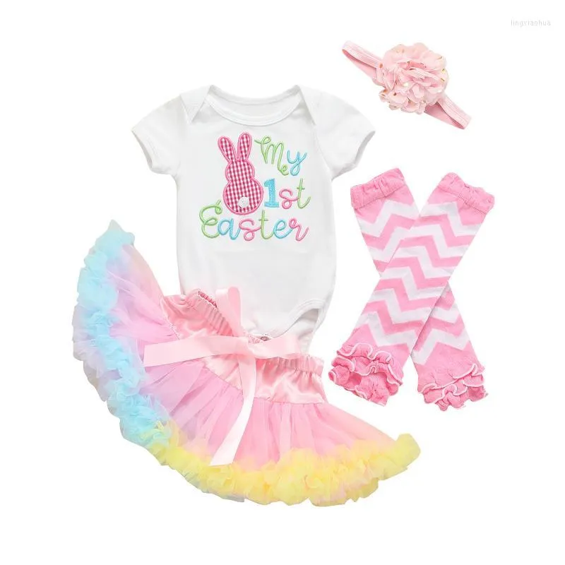 Ensembles de vêtements Lioraitiin 0-18M Born Infant Baby Girl Ensemble de vêtements de Pâques Combinaison à manches courtes Jupe en tulle à volants Jambières Bandeau