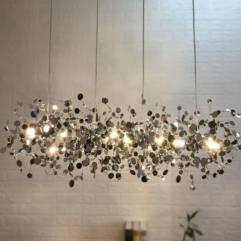 Hanglampen Noordelijke moderne persoonlijkheid roestvrijstalen chroom blad LED kroonluchter woonkamer lampbalktafel dineren