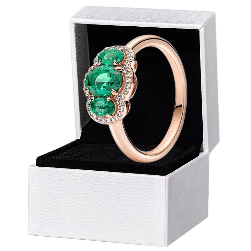 NEW Three Stone Vintage Ring 925 Sterling Silver Womens banquet party Jewelry for Pandora Rose gold Green CZ diamond Rings with Original box