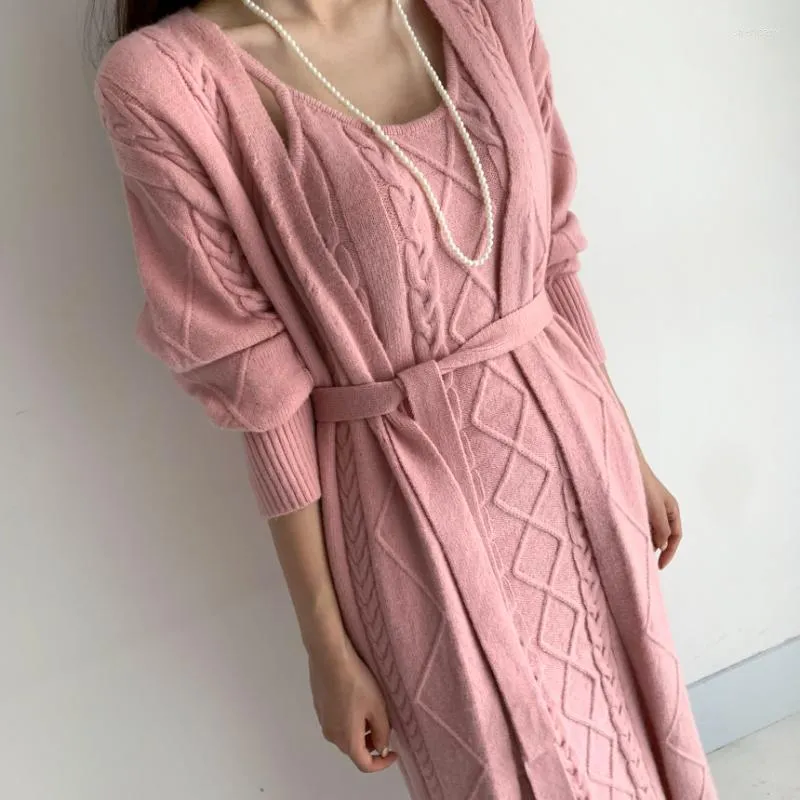 Werkjurken Itoolin roze gebreide Lange jas Vest Twist jurk Tweedel sets vrouwen gebreide warme pakken elegante sexy slanke vrouwelijke outfit 2022