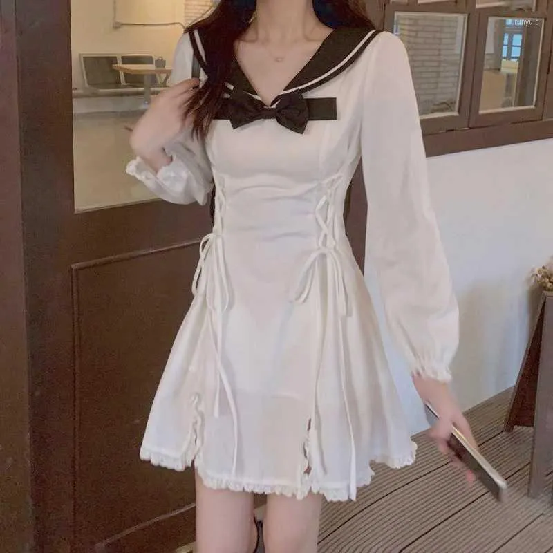 Robes décontractées Japonais Kawaii Lolita Robe Femmes Bow Patchwork Sweet Party Mini Femme Coréen College Style Slim Mignon 2022