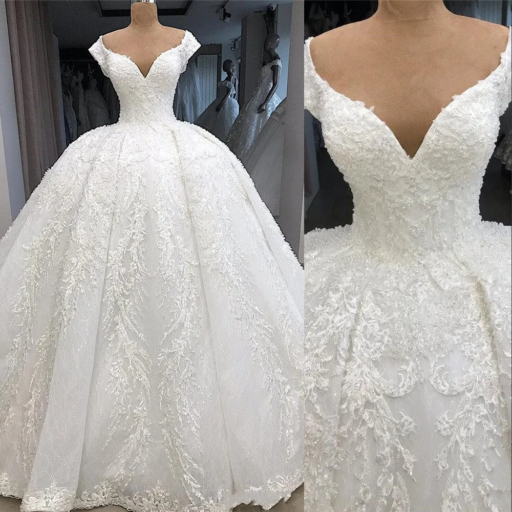 2022 lyxig arabisk bollklänning bröllopsklänningar illusion av axel plus storlek puffy prinsessan spets applikationer glittrande kristallpärlor brudparty klänningar mantel de äktenskap