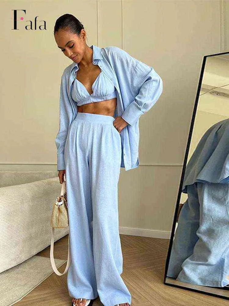 Women's Tracksuits Women Cotton Linen 3 Pieces Set Casual Long Sleeve Shirt Underwear Loose Pants Suit 2022 Autumn Office Lady Elegant Outfits T220827