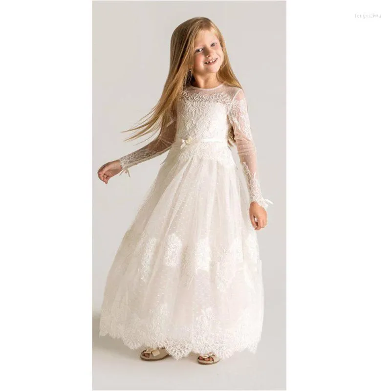 Girl Dresses Sweety Purity Flower Girl's Dress With Lace Applique Sashes Long Sleeves Custom 2022 Formal Little Kids Child Birthday