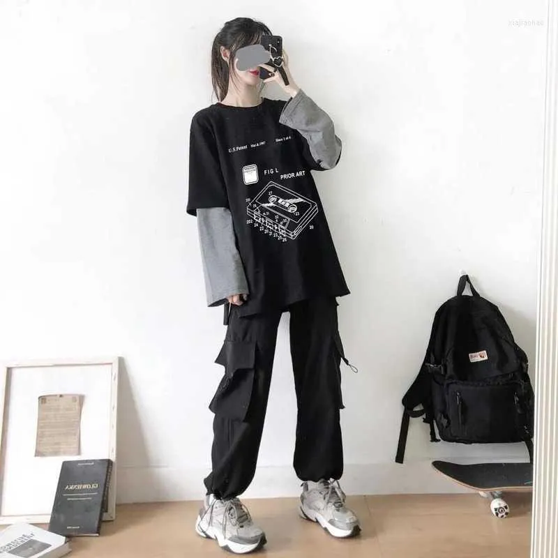 Women's Two Piece Pants QWEEK Gothic Women Sets Oversize Patchwork Printed T-shirts Hip Hop Cargo Trousers 2 Pieces Punk Streetwear Casual