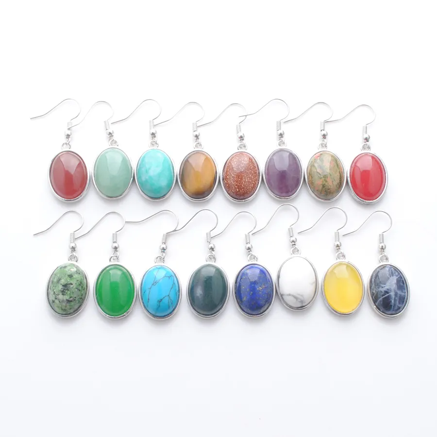 Natural Stone Dangle örhängen Bead Oval Hook Drop Earrings For Women Jewelry Gift Tiger's Eye Agates Jades Opal BR337