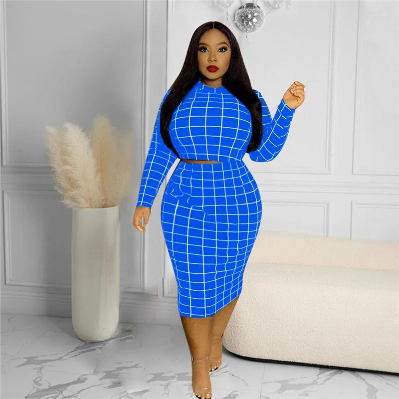 Tracksuits Plus Size Women Clothing Two Piece Set Fall Sexiga kläder Långärmad Top Office Ladies Plaid kjol Partiage Drop