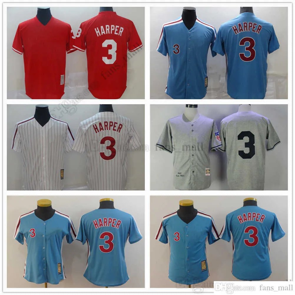 Mitchell en Ness Baseball Bryce 3 Harper Jersey Vintage Ed Ademend Sport Sale Hoge kwaliteit Heren Dames Jeugd Rood Blauw Wit Retro Jerseys